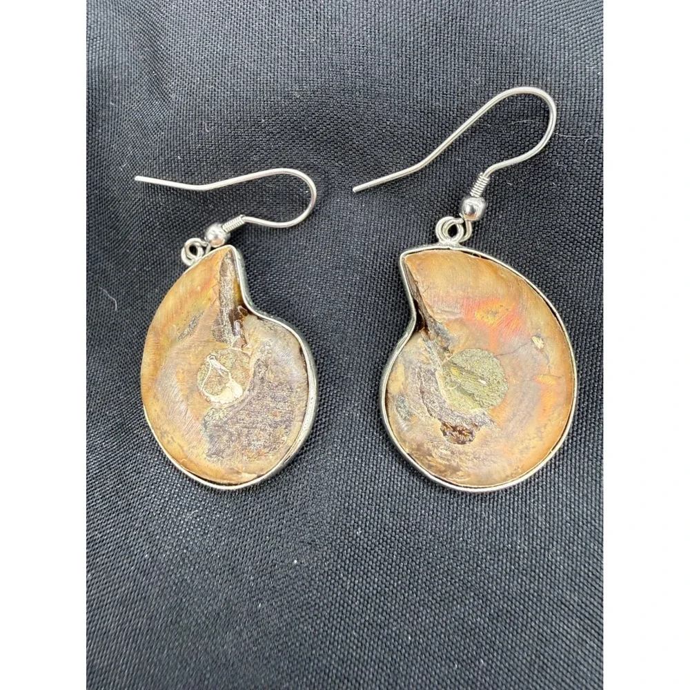 Natural Ammonite Fossil Dangle Earrings Polished Spiral Earthy Boho Brown Gift